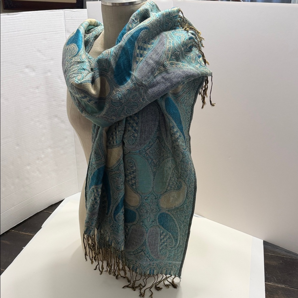 pashmina Teal and Aqua Paisley Jacquard Scarf